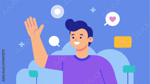 An influencer waving at an audience via a livestream with product logos and hashtags floating around symbolizing realtime brand interaction and engagement.