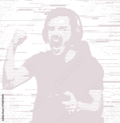 Abstract linocut vector art of an angry gamer with headphones. Minimalist halftone illustration with glitch lines, perfect for t-shirts, posters, and merchandise.