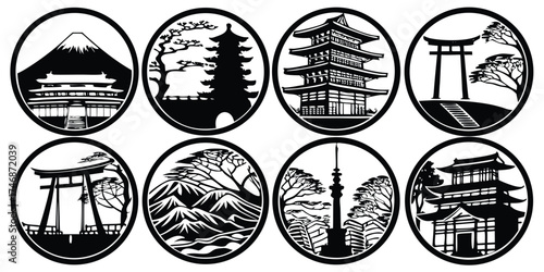 Vector art of japanese landmarks and cultural icons in black and white