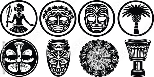 Vector art of african tribal art and cultural symbols in black and white