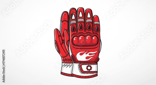 A red and white protective motorcycle racing glove with a flame design illustration.