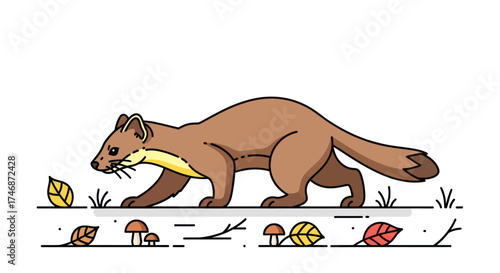 Cartoon Illustration of a Brown Marten Walking on the Ground.