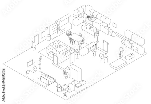 A black and white contour drawing of a house interior, featuring tables, chairs, and various objects arranged throughout the room on a plain white background. Isometric view