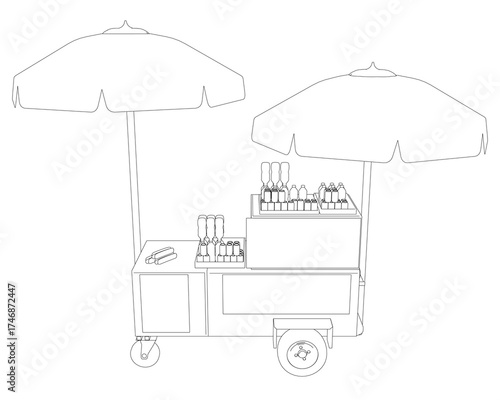 A hotdog cart sketch with two umbrellas providing shade, filled with bottles and other items against a clean white background.