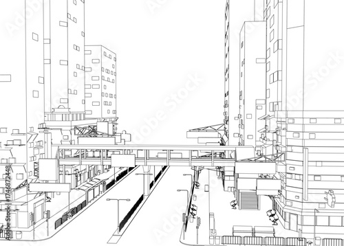 A black and white contour drawing of a city street scene with tall buildings, street poles, lights, and a bridge.