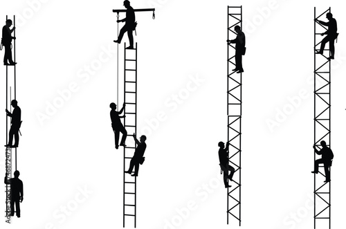 Construction worker silhouettes climbing ladders, scaffolding teamwork, elevated platforms, safety gear, industrial labor, building site, teamwork concept, Christmas zombie illustration design