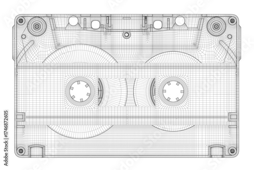 Blueprint cassette tape 3D model on white background features intricate ridges, grooves, ports, and connectors. Realistic wireframe rendering provides a detailed and lifelike appearance.
