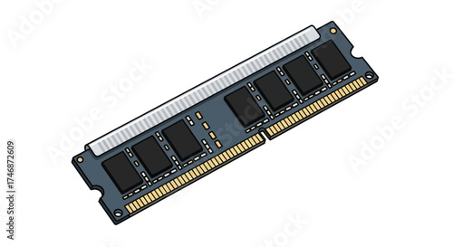 Computer RAM Module: Memory Chip with Black Heat Spreaders and Gold Pins.