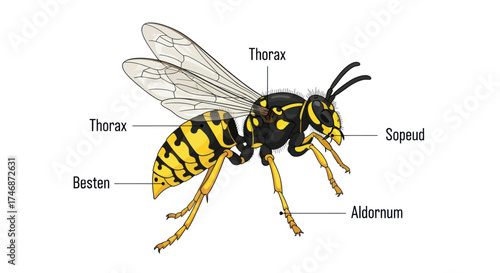Detailed Illustration of a Yellowjacket Wasp with Anatomical Labels.