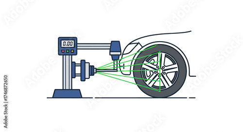 Precision automotive wheel alignment with laser measurement system illustration.
