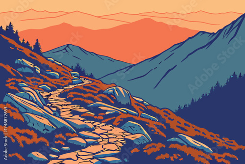  mountains, sunset, landscape, rocky, blue, orange, black background