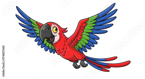 Vibrant Cartoon Scarlet Macaw Parrot in Flight with Wings Spread Wide.