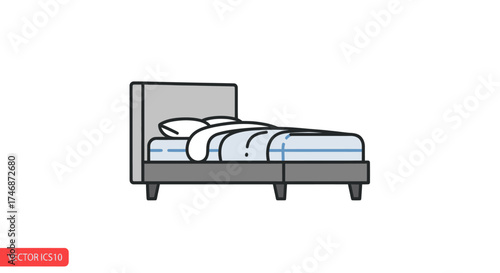 Simple Illustrated Bed with Headboard and Bedding.