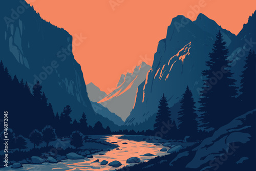  mountains, sunset, landscape, rocky, blue, orange, black background