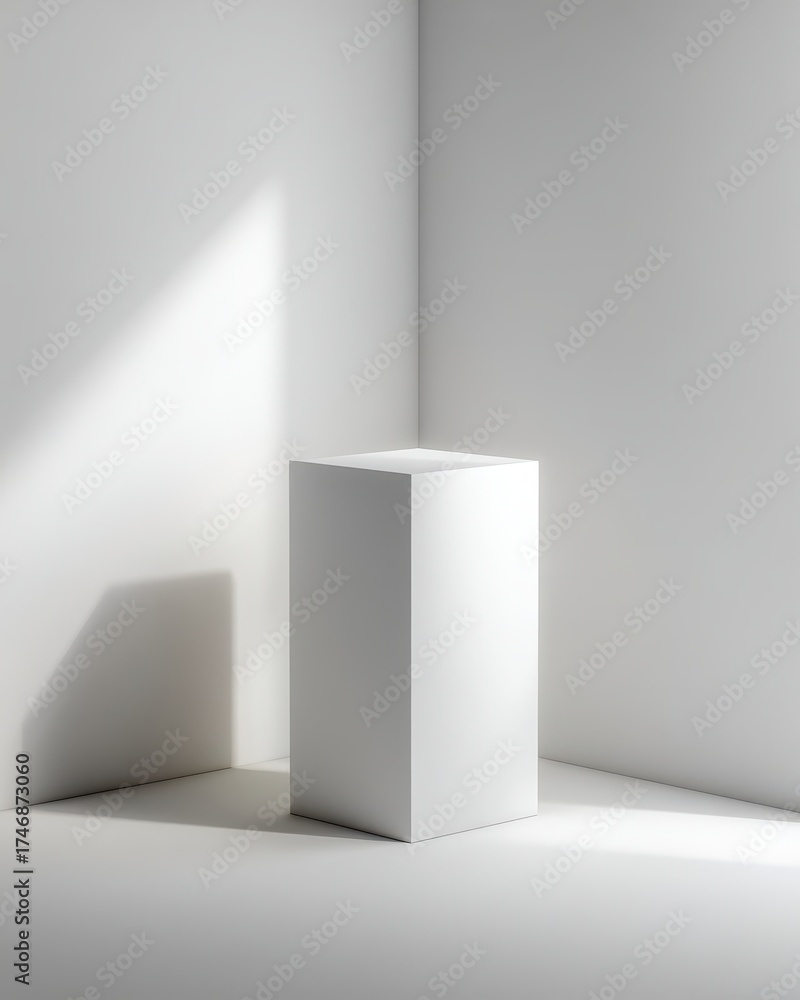 Fototapeta premium Minimalist White Pedestal in Bright Corner with Geometric Design