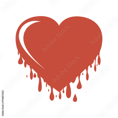 Melting heart and drops icon. Red sign isolated on white background. Bleeding heart with blood drops.
