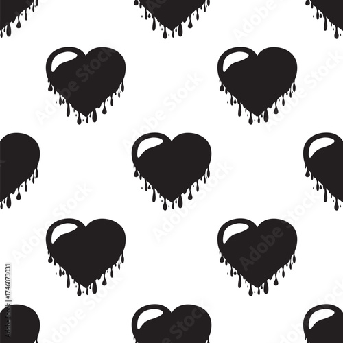 Melting heart and drops icon, seamless pattern. Texture with black sign isolated on white background. Monochrome design, wallpaper template. Bleeding heart with blood drops