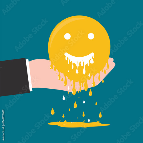 Happiness disappears. Human hand holding melting emoji face icon. Unbalanced emotions. Bad and good emotions. Unstable mental state. Negative emotions.