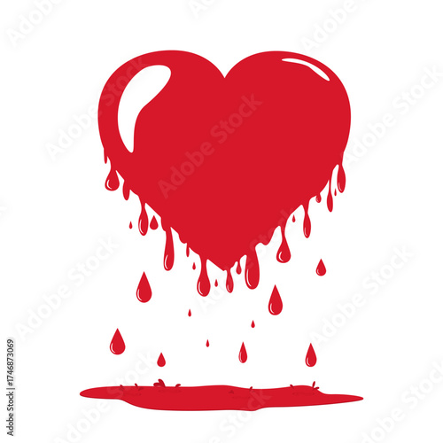 Melting heart and drops icon. Red sign isolated on white background. Bleeding heart with blood drops, splash puddle
