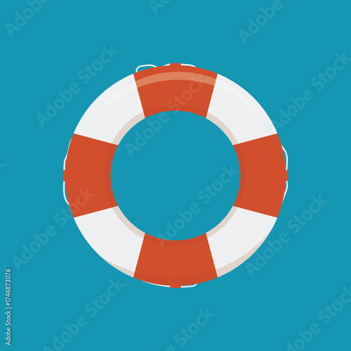 Red and white lifebuoy. Insurance, emergency service. Symbol of help or support for survival. Closeup view. Lifebuoy on blue background. Life preserver.