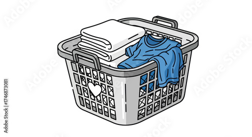 Laundry Basket Filled with Folded White Towels and a Blue Shirt.