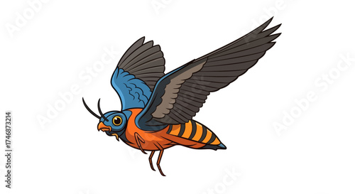 Colorful flying insect with blue head orange striped abdomen and dark wings.
