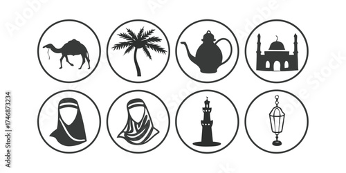 Vector art of set of Arabian culture symbols in black and white vector