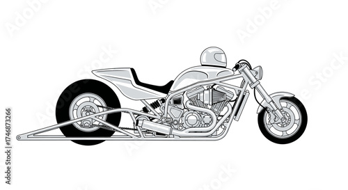 Detailed Black and White Drag Racing Motorcycle Illustration.