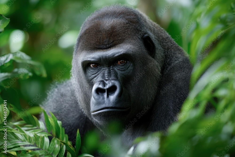Obraz premium Gorilla gazes thoughtfully at the lush greenery in the jungle during daylight hours