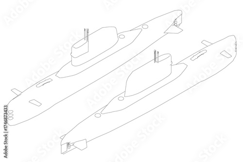 Low poly submarine contour drawing with sleek modern design, black outline, and visible hull details. Two submarines are depicted on a white background. Isometric view