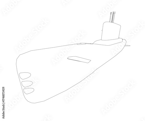 Low poly submarine contour drawing in black and white. The minimalist design features clean lines and geometric shapes on a plain white background.