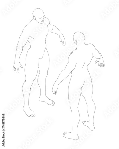 Two athletic men in a fighting stance, facing each other with a strong build and clear contour lines. Isometric view