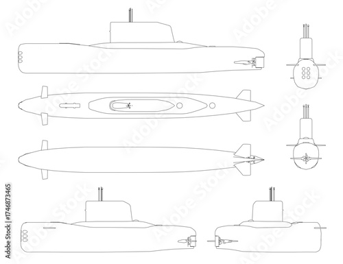 Low poly set submarine blueprint with geometric contour lines, clean white background, and detailed technical illustration. Perfect for modern design projects.