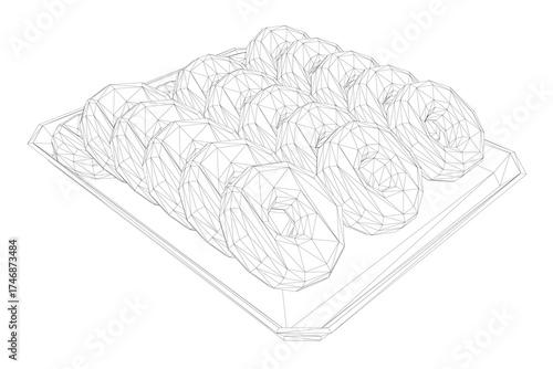 A wireframe set of donuts arranged neatly in a tray on a white background. This black and white drawing resembles freshly-baked pastries.