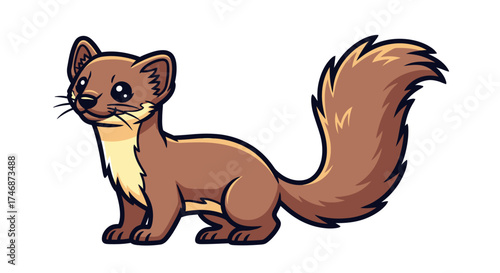 Cute Cartoon Weasel with Brown Fur and Long Bushy Tail.