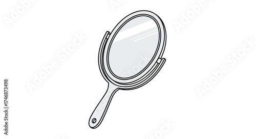 Handheld Oval Mirror with Handle and Frame Outline Illustration.