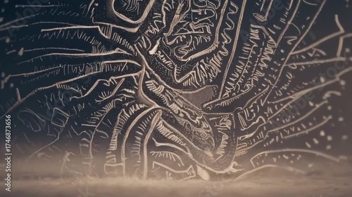 Ancient Engraving: A close-up view unveils a section of an ancient carving, telling the story with exquisite detail. It shows craftsmanship, antiquity and historical richness.