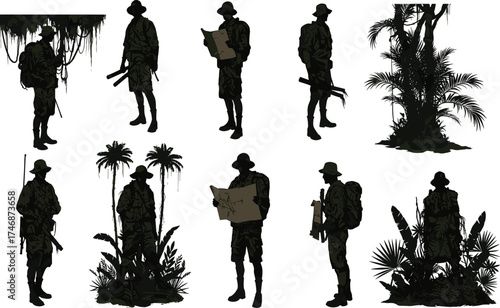 Silhouette jungle expedition team with tropical plants, military explorers, survival adventure, tactical movement, navigation, reconnaissance, outdoor exploration vector illustration