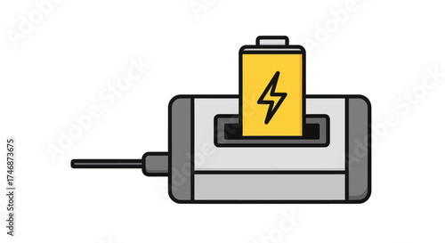 Yellow battery with lightning bolt charging in a gray docking station.