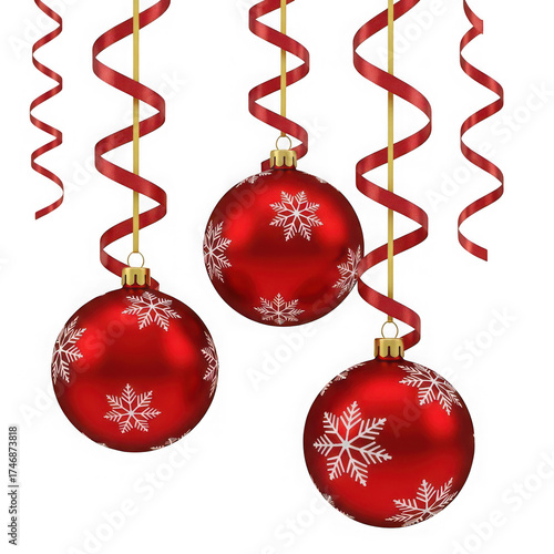 Festive red christmas ornaments with snowflake designs and curly ribbons for holiday decorations