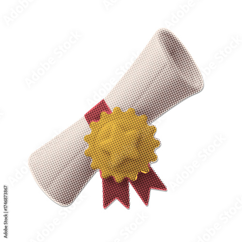 Collage halftone sticker with diploma scroll with red ribbon . Educational pop-art collage element. Vector