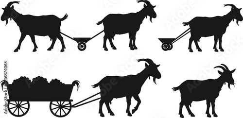 Silhouette vector illustration of goats pulling carts, farm animals, rural agriculture, transportation, livestock utility, countryside lifestyle, traditional farming scenes