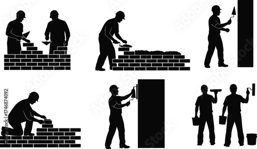 Construction worker silhouettes laying bricks, plastering walls, masonry teamwork, industrial labor poses, building site illustration, wall finishing, teamwork strength, Christmas zombie