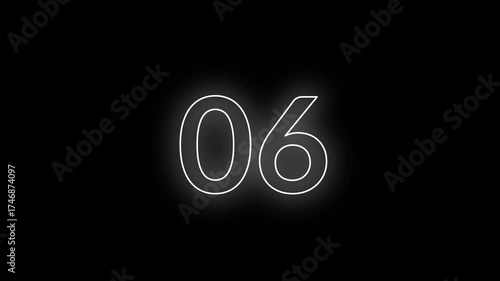 4K neon light countdown timer from 10 to 0 seconds on black background, glowing animation loop for intro or digital event display.