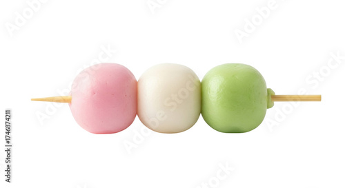 Isolated dango skewers with three colorful sticky rice balls on a wooden stick, food photography