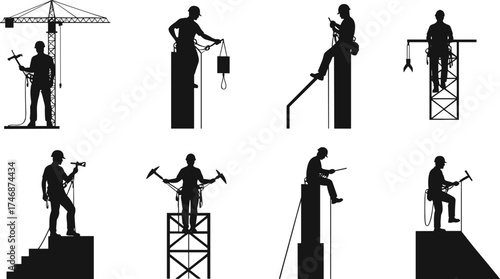Construction worker silhouettes on crane, scaffold, ladder, beam, pulley system, industrial labor teamwork, building site safety illustration, tools, Christmas zombie