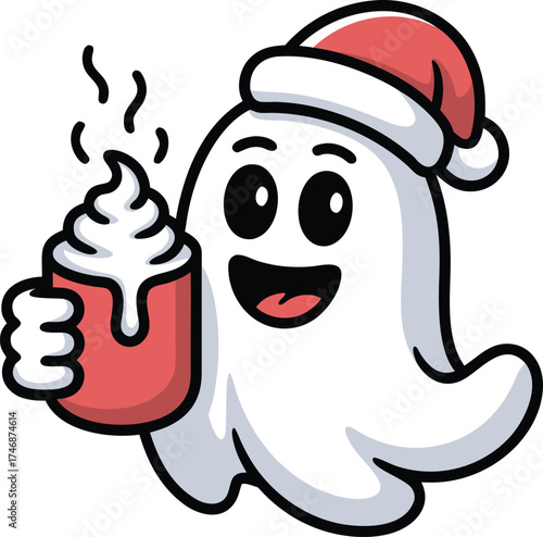 Cool Christmas Ghost Barista with Steaming Hot Cocoa Mug Clipart	