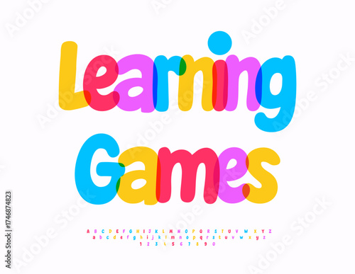 Vector Education emblem Learning Games. Colorful Children Font. Funny Alphabet Letters and Numbers.