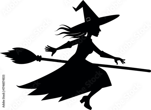 Halloween vector of witch in silhouette holding broomstick, spooky night illustration