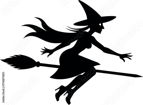 Silhouette of a witch flying on a broomstick, Halloween night vector illustration